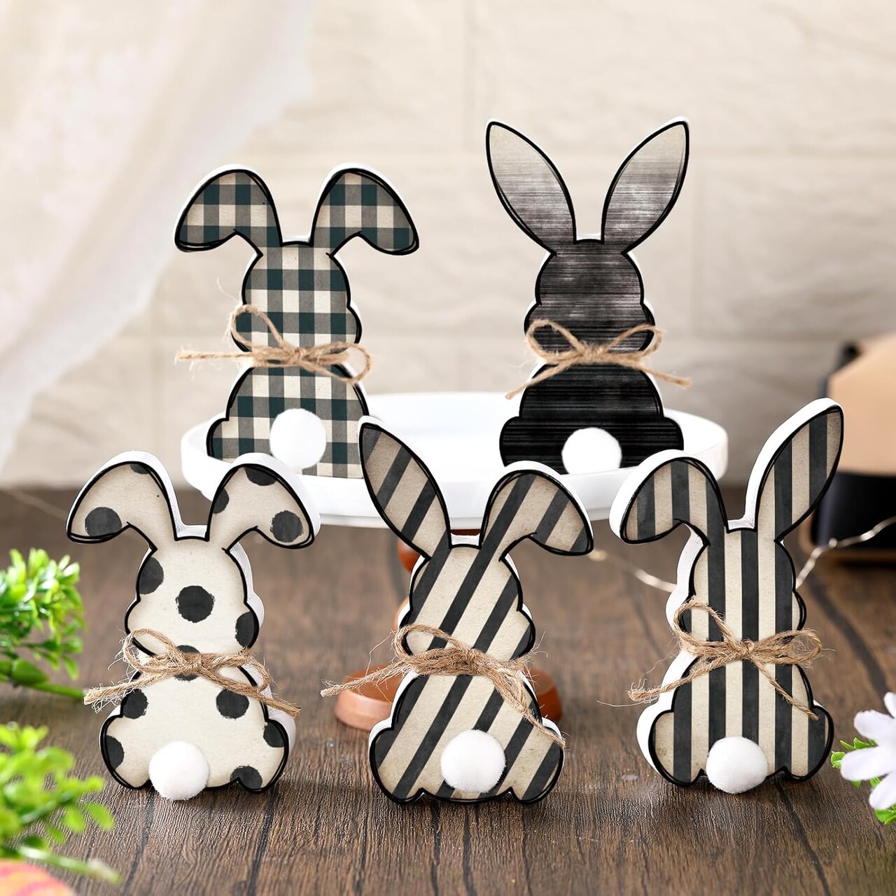 5 Pcs Easter Bunny Wooden Signs Buffalo Plaid Bunny Decor with Jute Rope Easter Decorations for The Home Tabletop Decorations for DIY Home Office Farmhouse